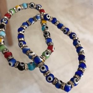 Set of 2 lucky eye elastic bracelets glass beads